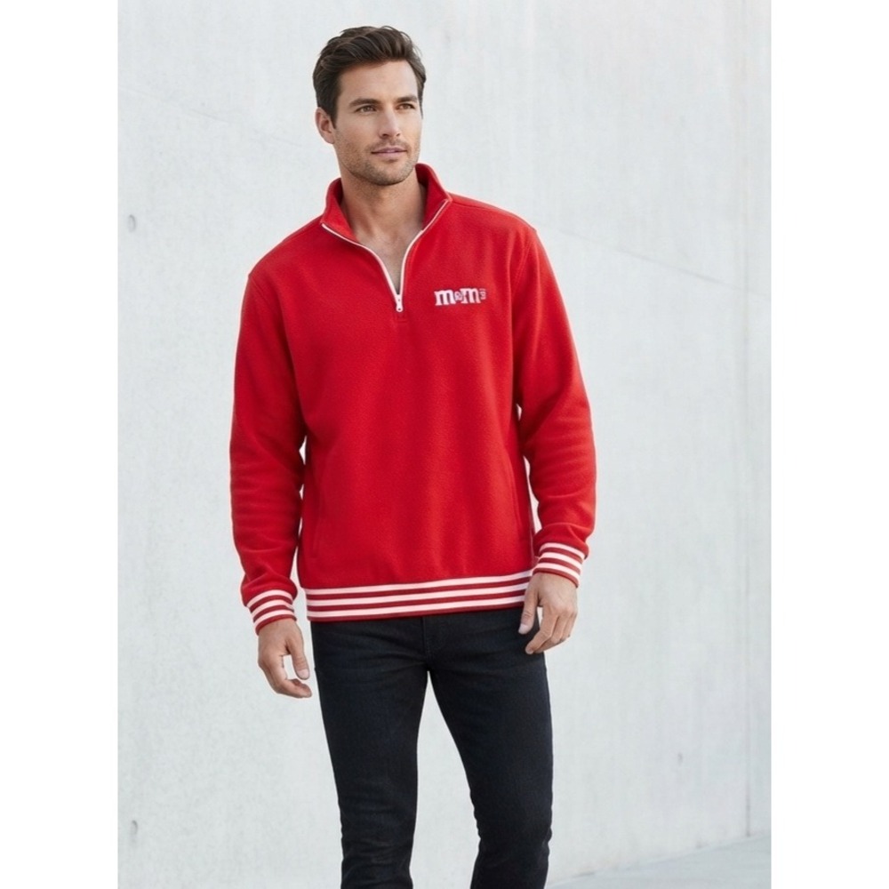 M&M's Red Fleece Quarter Zip Striped Trim Pullover Sweatshirt 2XL
